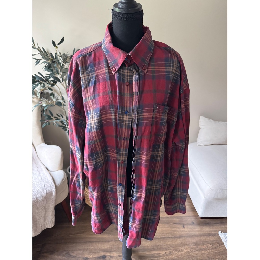 Tommy Hilfiger Mens XXL Red Plaid Button Down Shirt Long Sleeve Cotton Flannel